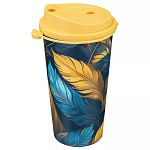 Стакан для напитков с крышкой и декором, Перья  550мл, Черный (упаковка 12 шт.)