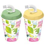 Стакан с крышкой 420мл с декором Fresh Juice с трубочкой c колпачком (микс)