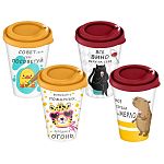 Стакан с крышкой 420мл с декором Веселые надписи Микс (упаковка 24 шт.)