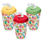 Стакан с крышкой 420мл с декором Вкус праздника с трубочкой c колпачком Микс (упаковка 12 шт.)