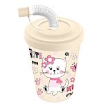 Стакан детский с крышкой, трубочкой и колпачком 280мл с декором  Кошечка Светло-бежевый (упаковка 16