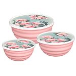 Комплект мисок Latina 3 шт. (1,1л+2,1л+3,2л) с крышками с декором Сад пионов (розовый) (упаковка