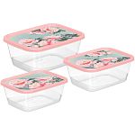 Комплект контейнеров для продуктов прямоугольных 3 шт. (0,5л+0,85л+1,5л) с декором Сад пионов (упа
