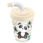 Стакан детский с крышкой, трубочкой и колпачком 280мл с декором Панда Светло-бежевый (упаковка 16 шт