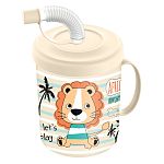 Кружка детская с крышкой, трубочкой и колпачком 300мл с декором Львенок Светло-бежевый (упаковка 18